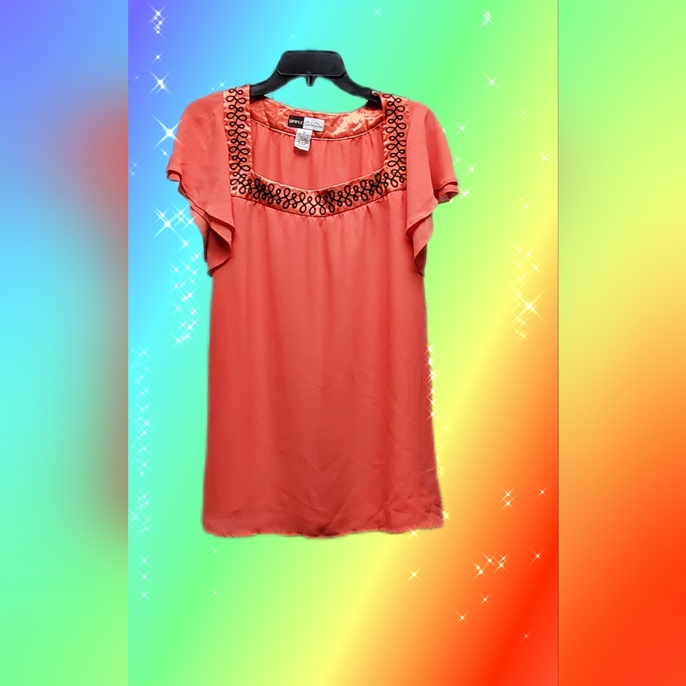 Coral Blouse with Embroidered Square Neckline